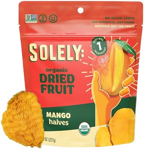 Solely organic dried mango halves in resealable bag, healthy vegan snack, non-GMO, shelf-stable real fruit for adults and kids