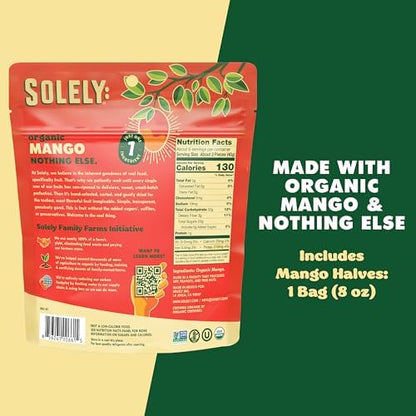 Organic dried mango halves from SOLELY in a resealable bag, showcasing vibrant dried fruit slices for healthy snacks.