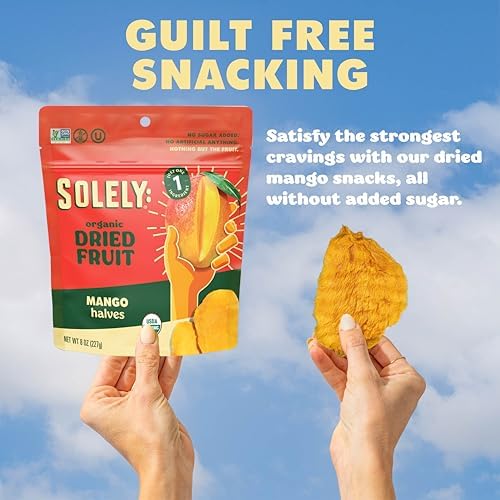Organic dried mango halves in resealable bag by SOLELY, showcasing vibrant, ripe dried mango slices on a neutral background.