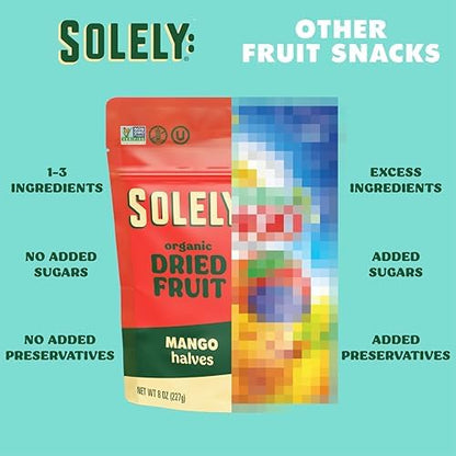 Organic dried mango halves from SOLELY in an 8 oz resealable bag, showing vibrant, chewy dried fruit pieces on a white background.