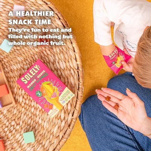 SOLELY organic mango and strawberry fruit gummies in a box with five bags, showcasing colorful, real fruit snack treats for all ages.
