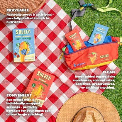 SOLELY Organic Mango and Strawberry Gummies in a box with five individually wrapped bags, showcasing colorful fruit gummies.