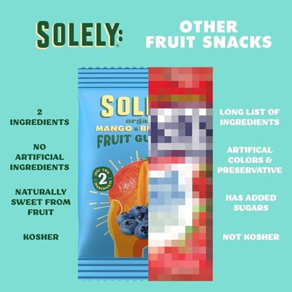 SOLELY organic mango and strawberry fruit gummies in a box with five bags, showcasing colorful gummy pieces and fresh fruit ingredients.