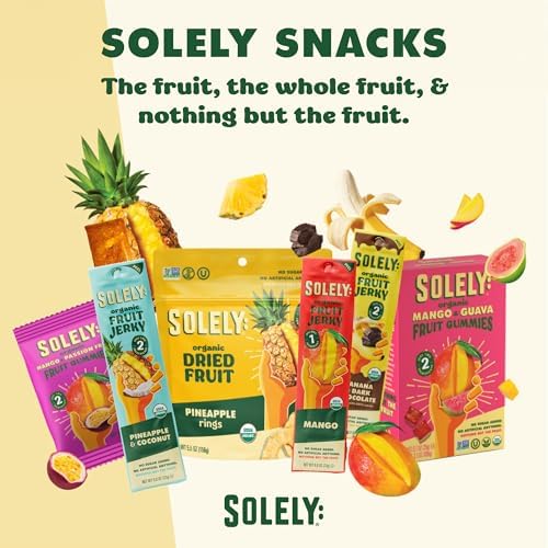 SOLELY Organic Mango & Strawberry Gummies in a box with five individual 3.5 oz bags, featuring real fruit, vegan, non-GMO snack.