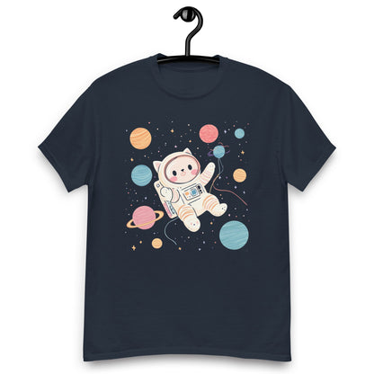 Navy Space Cat Yarn Explorer T-Shirt by Darn Good Yarn featuring a cosmic cat with yarn motifs on the front.