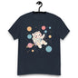 Navy Space Cat Yarn Explorer T-Shirt by Darn Good Yarn featuring a cosmic cat with yarn motifs on the front.
