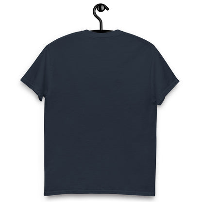 Navy Space Cat Yarn Explorer T-Shirt by Darn Good Yarn featuring a space cat graphic and yarn design on the front.