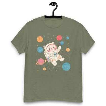 Navy Space Cat Yarn Explorer T-Shirt by Darn Good Yarn featuring a space cat design on soft cotton fabric.