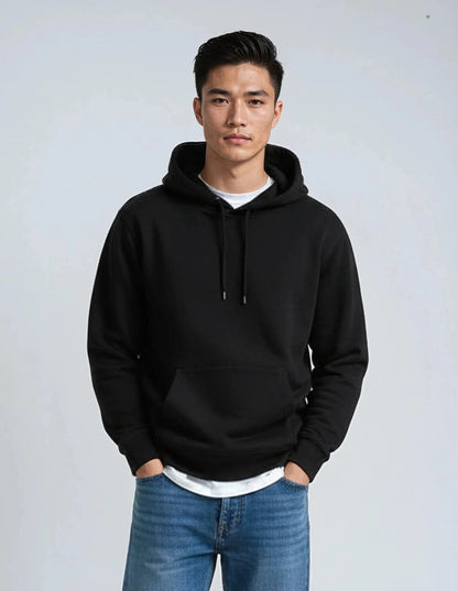 Black fleece heavyweight hoodie from SpectraUSA, shows a cozy, thick fabric hoodie with a front pocket and hood.