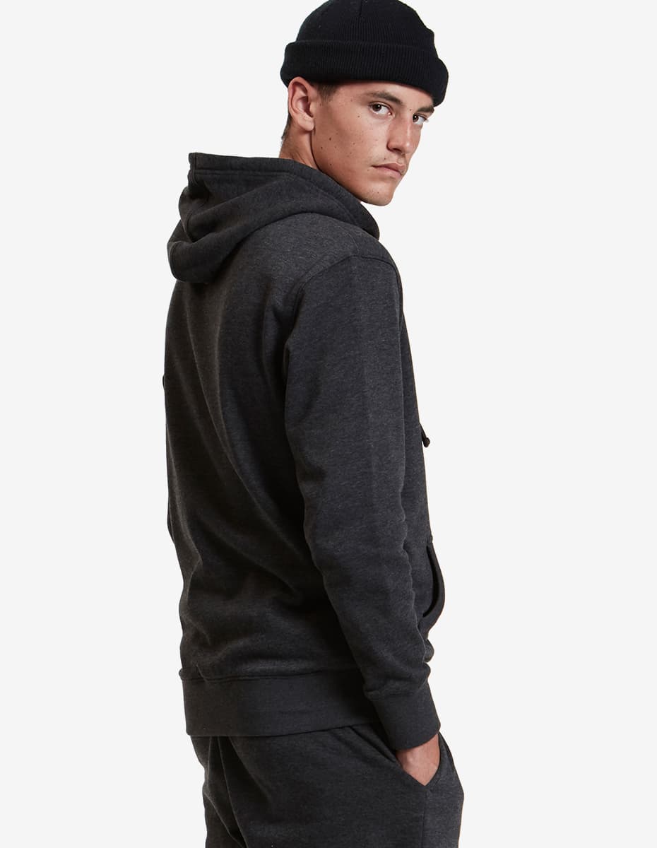 Charcoal heather fleece hoodie pullover by SpectraUSA, midweight fleece with a cozy fit, shown in XS size.