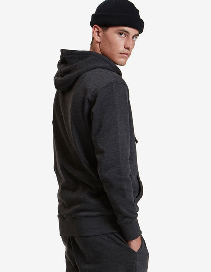 Charcoal heather fleece hoodie pullover by SpectraUSA, midweight fleece with a cozy fit, shown in XS size.