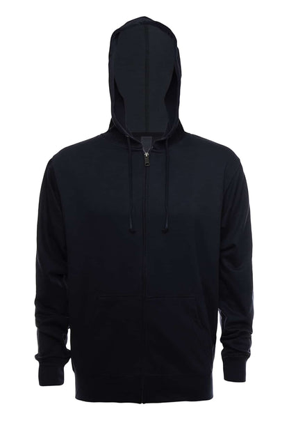 Navy blue SpectraUSA ZIP Hoodie made of French Terry fleece, shown in size XS with front zipper and hood.