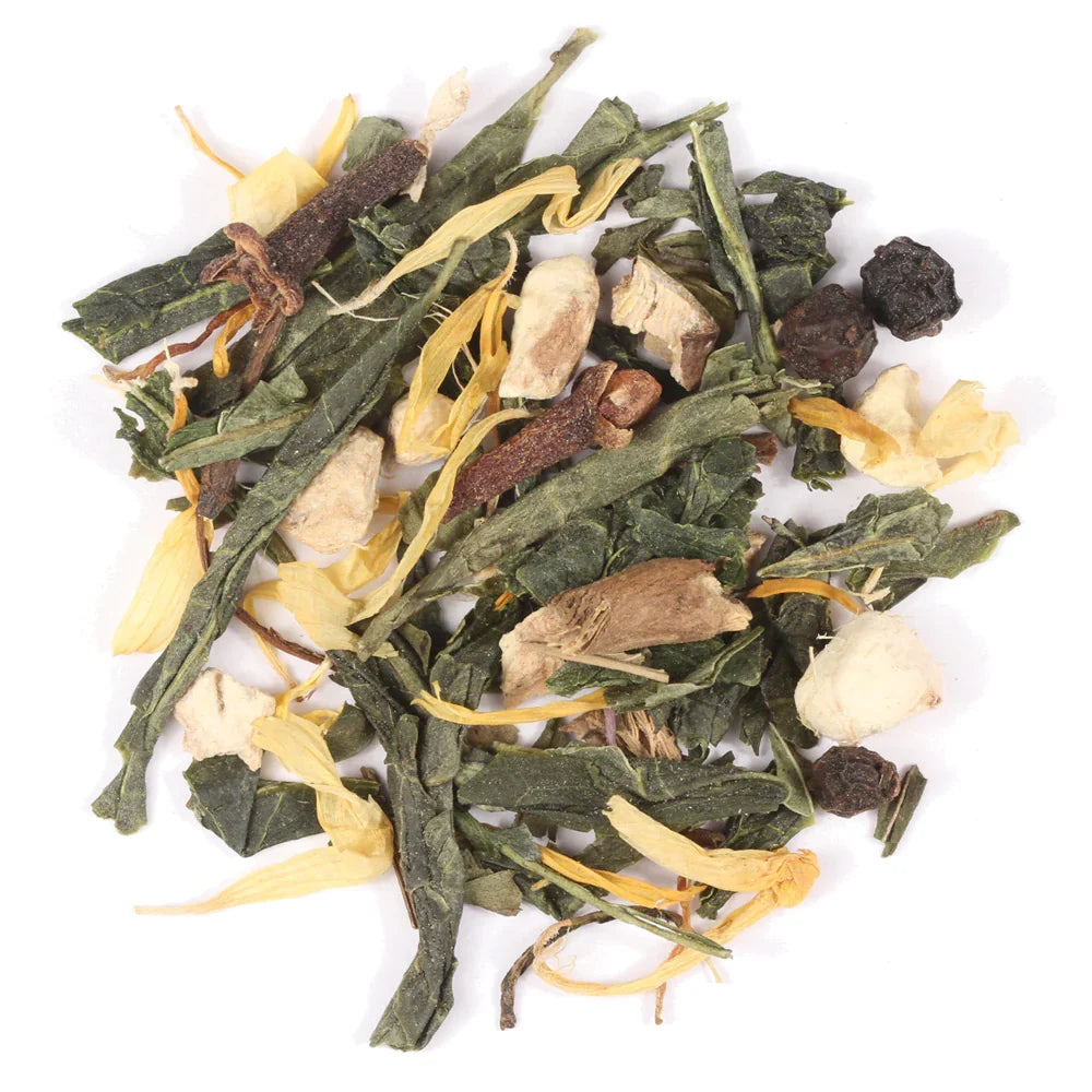 Speedy Recovery wellness loose leaf tea in a glass jar with tea leaves and herbs, ideal for health and relaxation.