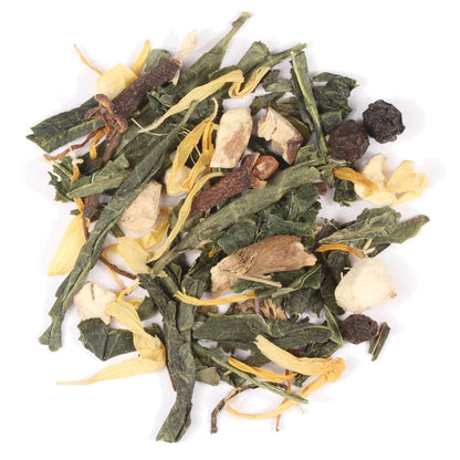 Speedy Recovery wellness loose leaf tea in a glass jar with tea leaves and herbs, ideal for health and relaxation.