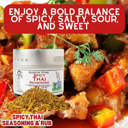 Gustus Vitae Spicy Thai Seasoning jar, gourmet seasoning blend with vibrant herbs and spices, ideal for enhancing Asian dishes.