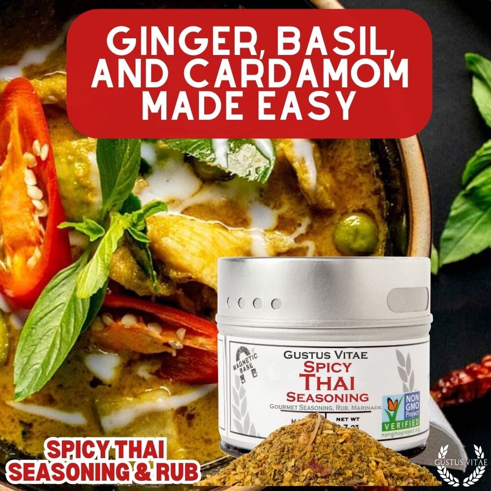 Gustus Vitae Spicy Thai Seasoning in a jar, showcasing vibrant red chili flakes and herbs for gourmet flavoring.