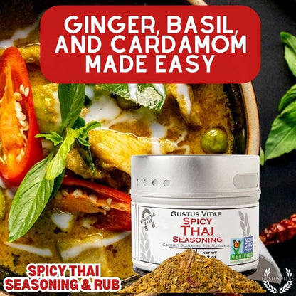 Gustus Vitae Spicy Thai Seasoning in a jar, showcasing vibrant red chili flakes and herbs for gourmet flavoring.