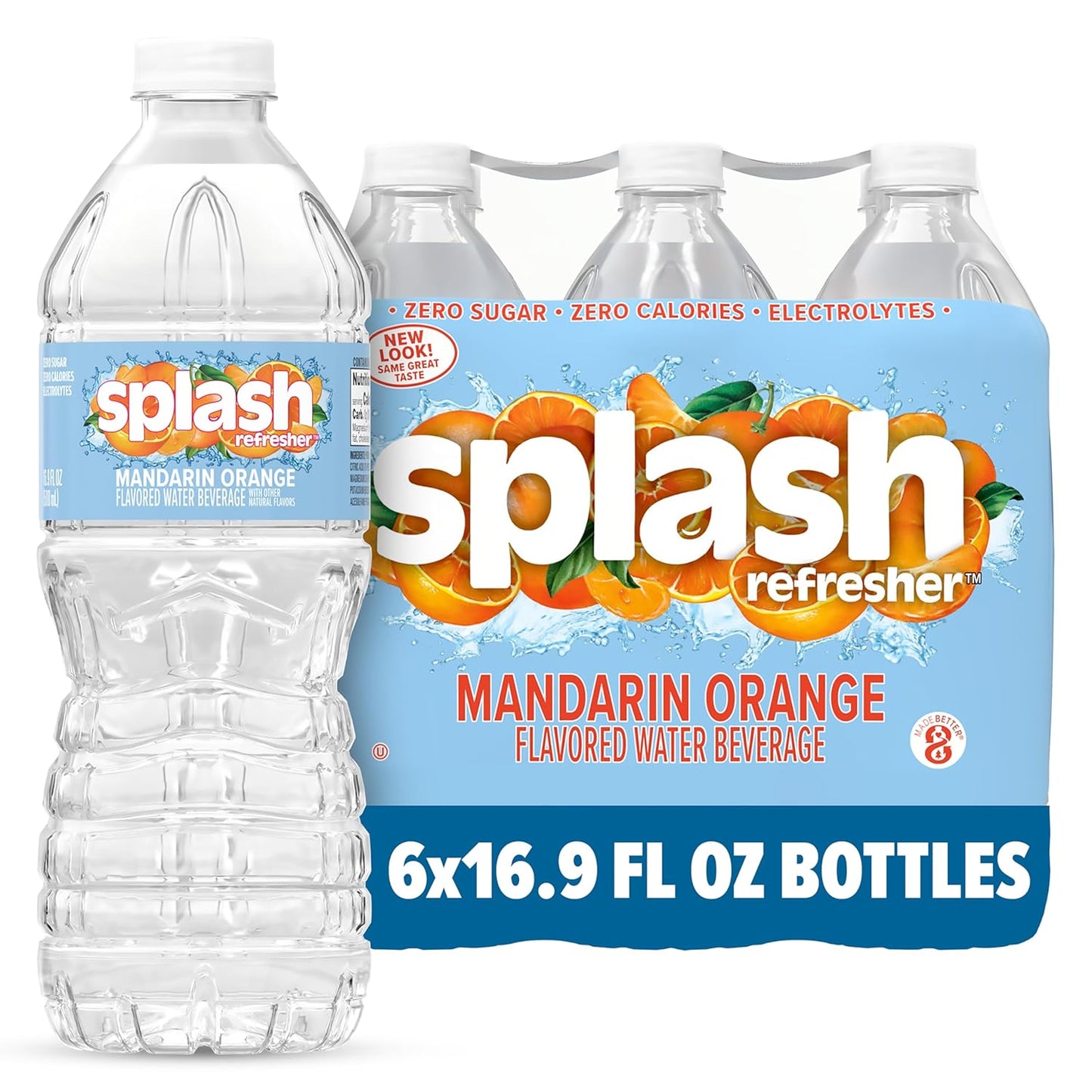 Six 16.9 oz SPLASH REFRESHER Wild Berry flavored water bottles with electrolytes, zero sugar and zero calories, in a 6-pack.