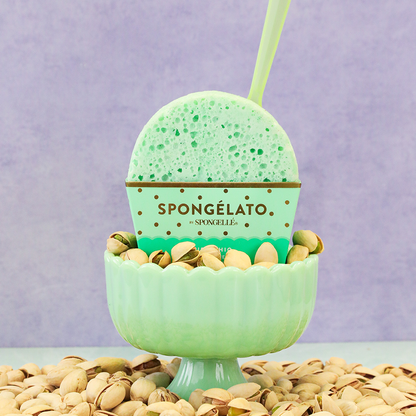 Spongellé Pistachio Spongelato Buffer, a body wash infused buffer with pistachio scent and textured sponge for skincare.