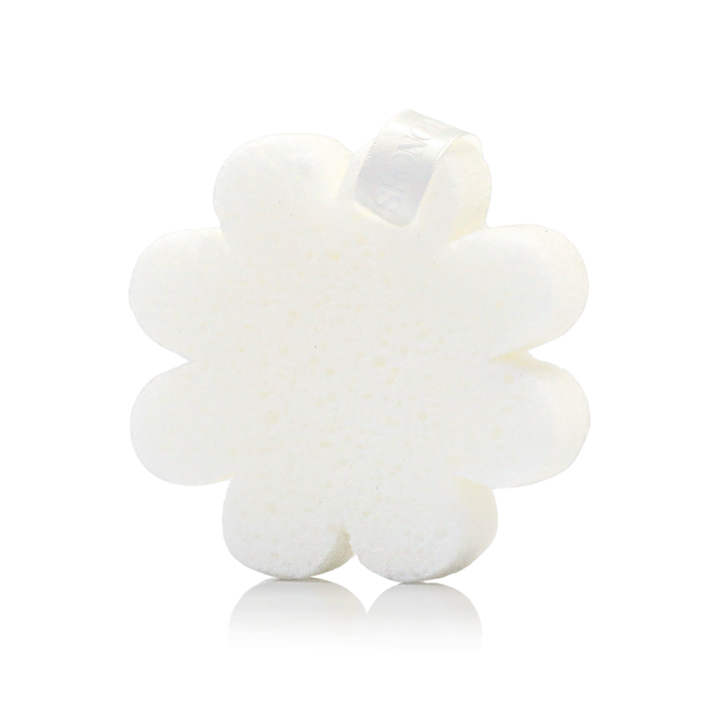 Spongellé Freesia Pear vegan body wash infused buffer with white ribbon, designed for gentle cleansing and skincare.