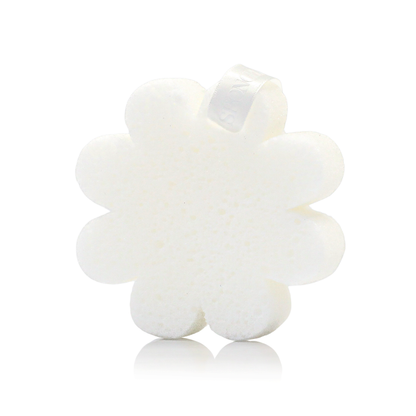 Spongellé Freesia Pear vegan body wash infused buffer with white ribbon, designed for gentle cleansing and skincare.