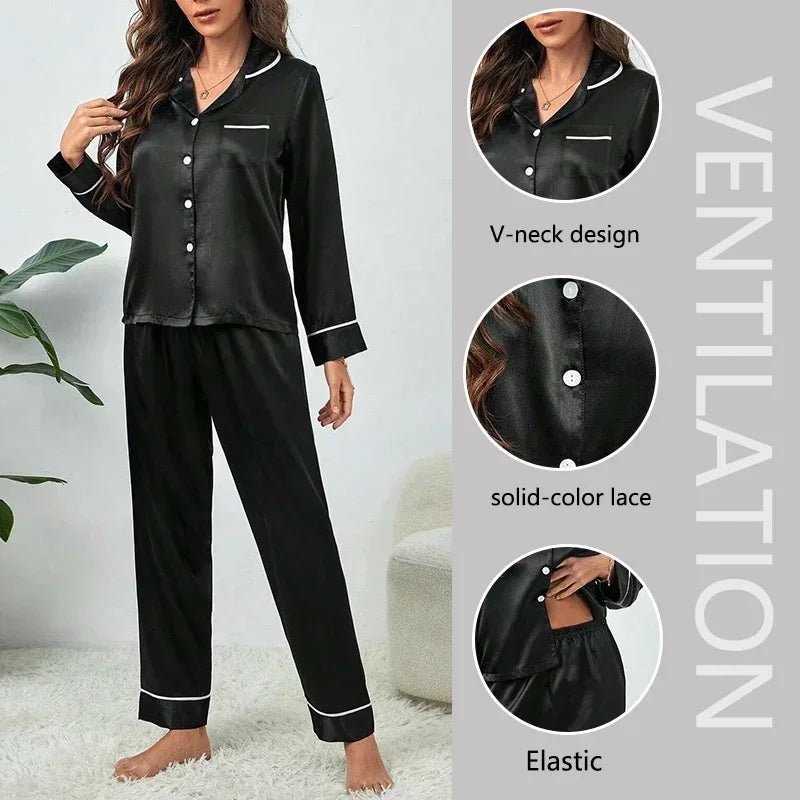 Spring Autumn Silk Pajamas Set for Women Casual Soft Nightwear Long Shirt Tops and Long Pants Cardigan Sleepwear Homewear - BACKUPMYFILESNOW