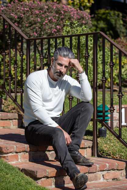Black men's long sleeve T-shirt from Spun Bamboo, made of bamboo viscose and organic cotton, displayed flat.