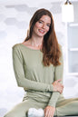 Women's black Bamboo Lounge Long Sleeve T-Shirt by Spun Bamboo, made from soft, sustainable bamboo fabric, shown on a small-sized model.