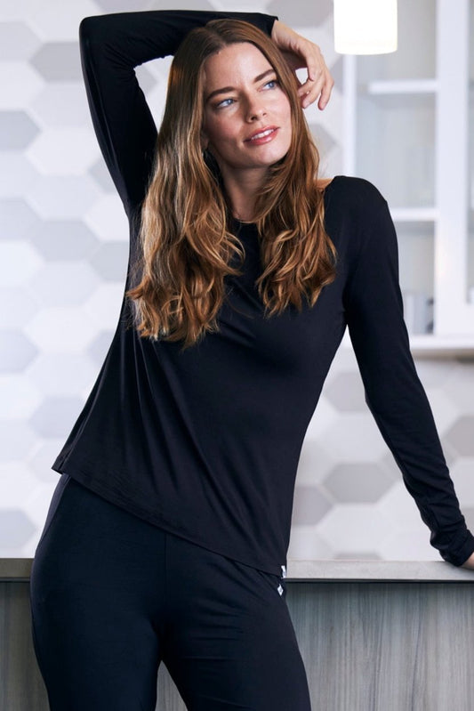 Women's Spun Bamboo long sleeve lounge t-shirt made from soft bamboo fabric, shown in a relaxed fit on a white background.