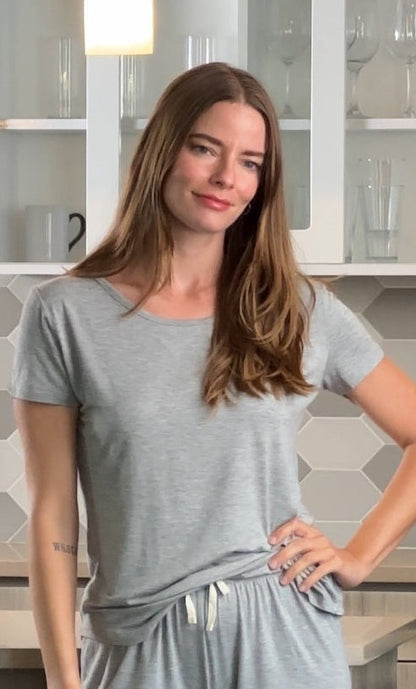 Women's bamboo lounge set with heather grey lounge T-shirt and shorts, from Spun Bamboo, casual and comfortable for relaxing.