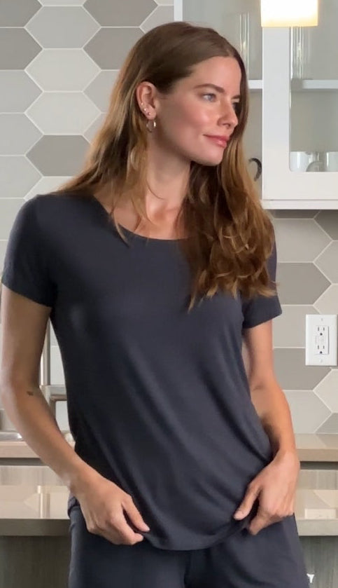Women's bamboo lounge set by Spun Bamboo featuring a heather grey lounge T-shirt and matching shorts, perfect for relaxed wear.