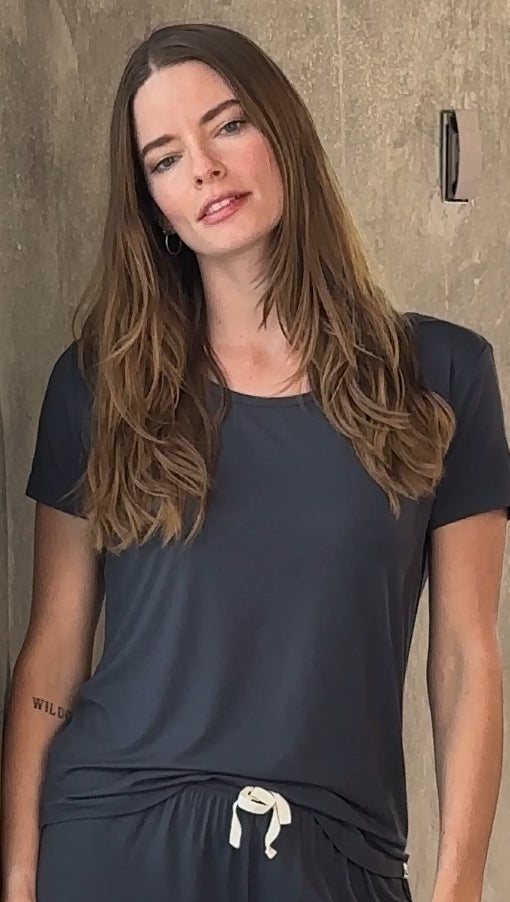 Women’s bamboo lounge set with heather grey lounge T-shirt and shorts from Spun Bamboo, casual and comfortable for relaxing.