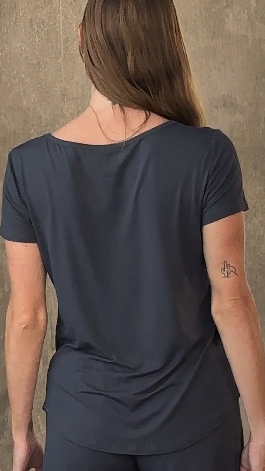 Women's bamboo lounge set by Spun Bamboo, Heather Grey lounge T-shirt and shorts, soft and comfortable for relaxing wear.
