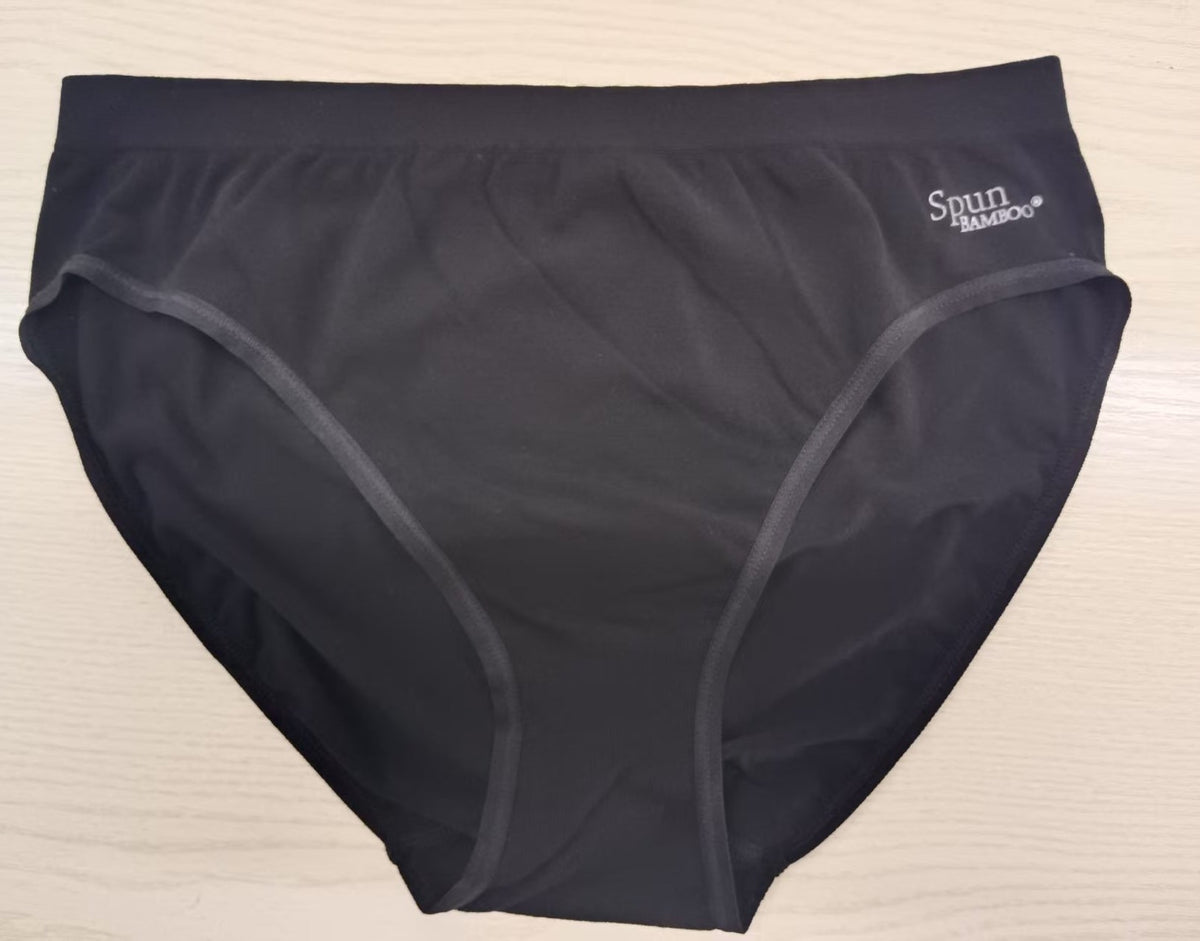 Black women's bamboo and cotton high-leg brief underwear by Spun Bamboo, showcasing soft, breathable fabric and comfortable fit.