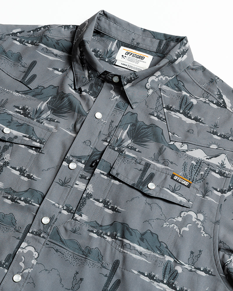 Dark grey San Saba SS Shirt by Off The Grid Surplus, short sleeve button-up with a casual, rugged style.