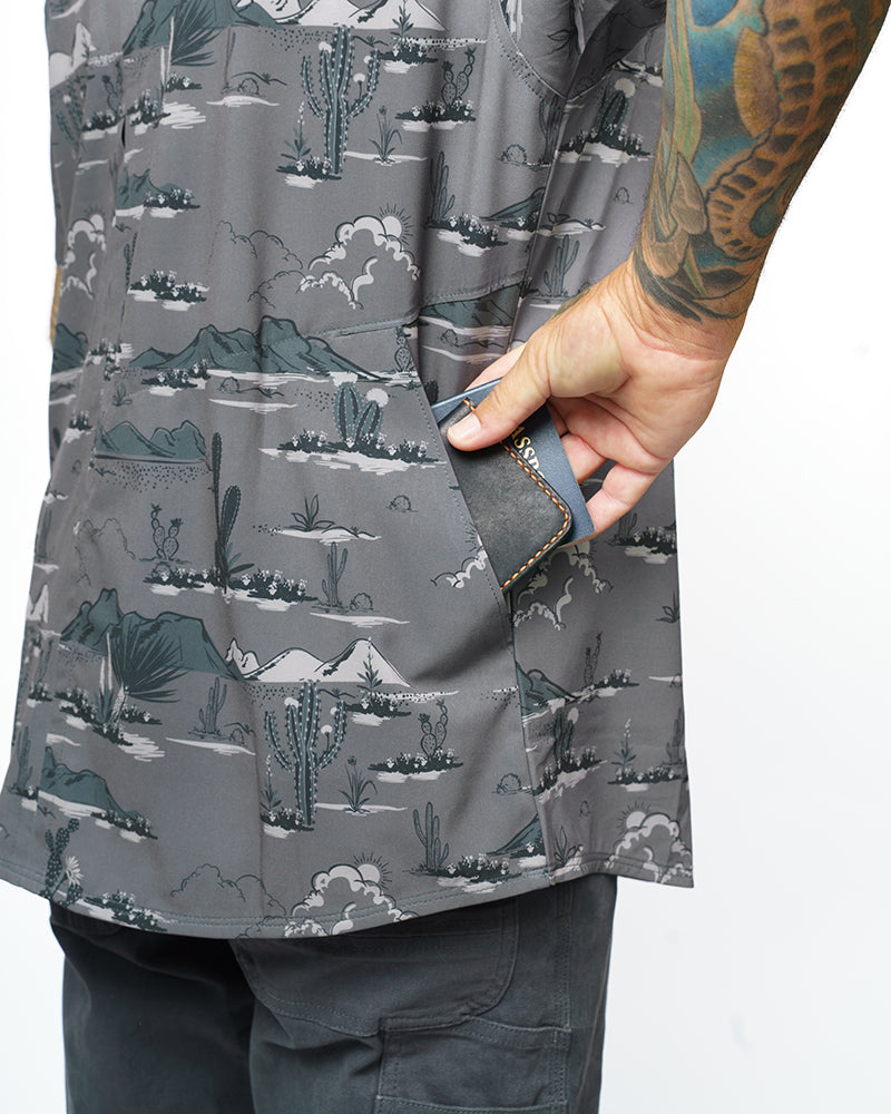 Dark grey short sleeve button-up shirt from Off The Grid Surplus San Saba SS Shirt in Castlerock color, casual fit and stylish design.