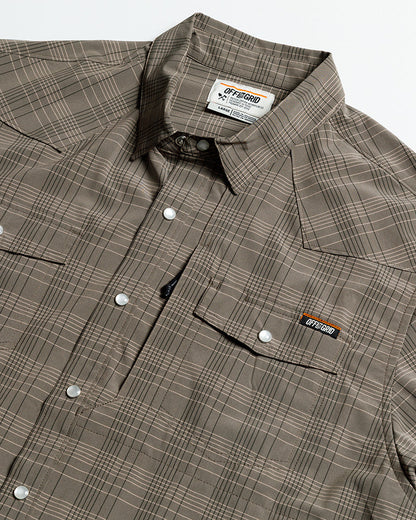 Off The Grid Surplus Deke SS Shirt in Beluga Brown, short sleeve button-up shirt shown in green fabric with collar and front buttons.