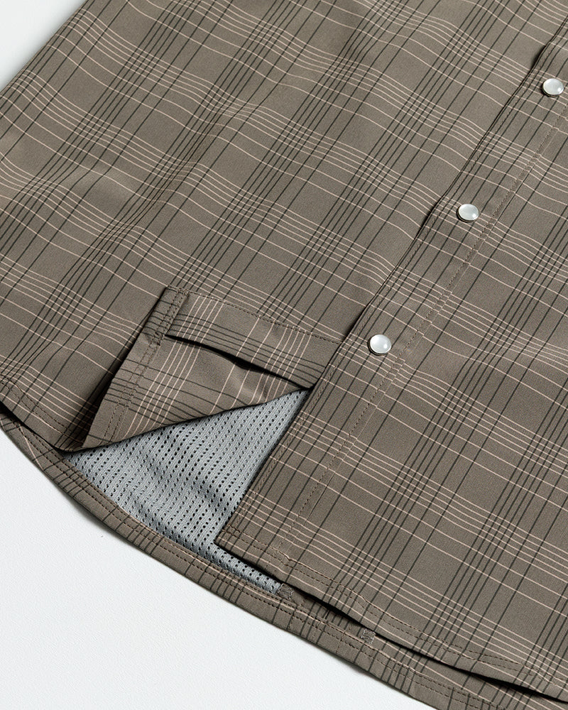 Off The Grid Surplus Deke SS Shirt in Beluga Brown, short sleeve button-up shirt with a green background and front pocket detail.