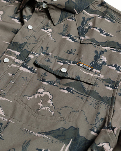 Off The Grid Surplus San Saba SS Shirt in Deadwood color, short sleeve button-up military-style shirt with front pockets.