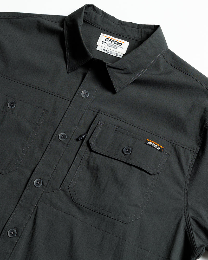 Black short sleeve Thunderbolt SS shirt by Off The Grid Surplus featuring a button-up design and vintage style.