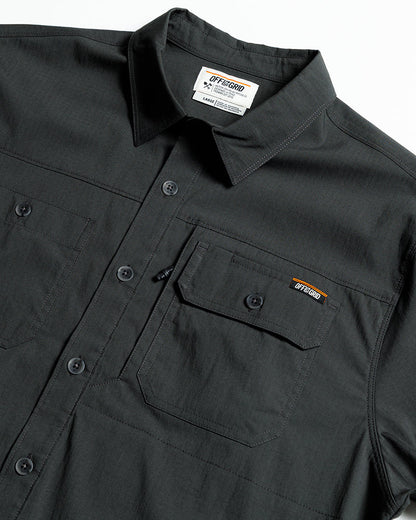 Black short sleeve Thunderbolt SS shirt by Off The Grid Surplus featuring a button-up design and vintage style.