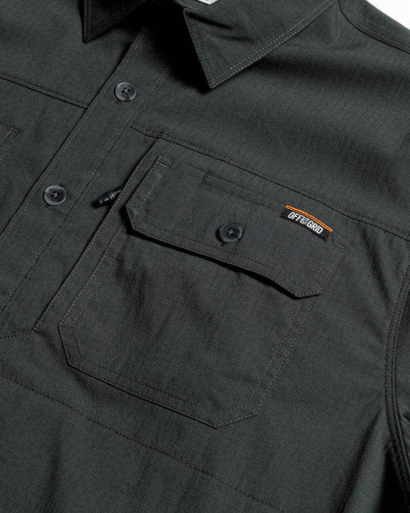 Short sleeve Thunderbolt SS shirt in vintage black from Off The Grid Surplus, featuring a solid black button-up design.