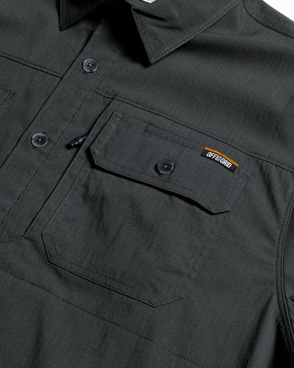 Short sleeve Thunderbolt SS shirt in vintage black from Off The Grid Surplus, featuring a solid black button-up design.