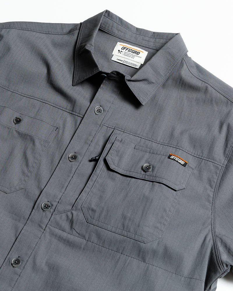 Off The Grid Surplus Thunderbolt SS Shirt in castlerock grey, short sleeve button-up with solid color and casual fit.