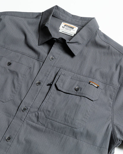 Off The Grid Surplus Thunderbolt SS Shirt in castlerock grey, short sleeve button-up with solid color and casual fit.