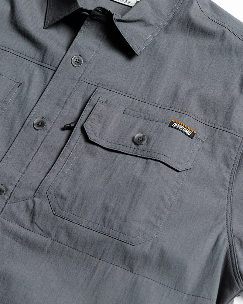 Off The Grid Surplus Thunderbolt SS Shirt in castlerock, short sleeve button-up with solid grey fabric, casual and stylish.