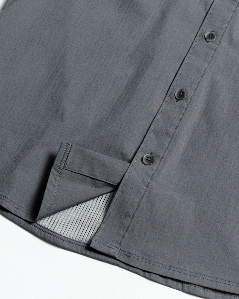 Off The Grid Surplus Thunderbolt SS Shirt in solid grey, short sleeve button-up casual shirt with a clean, classic design.