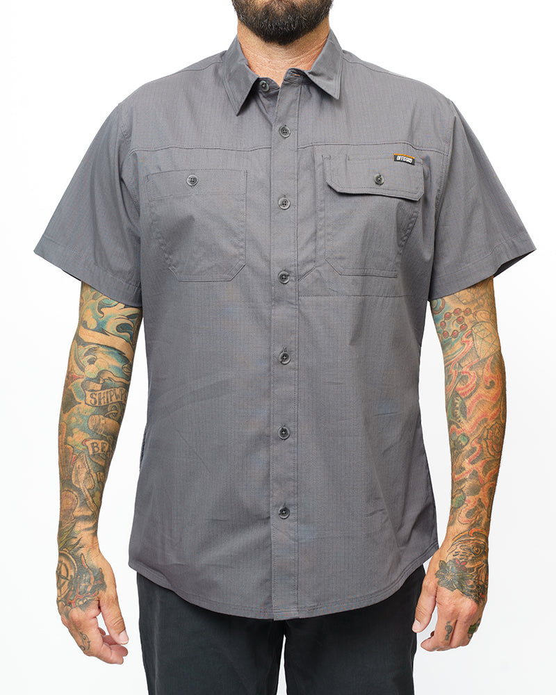 Off The Grid Surplus Thunderbolt SS Shirt in castlerock grey, short sleeve button-up with solid color design.