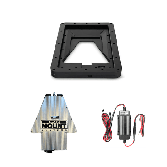 Star Mount Systems Voyager 12V PRO bundle for Gen 3 Starlink with black 12V conversion kit and mounting components.