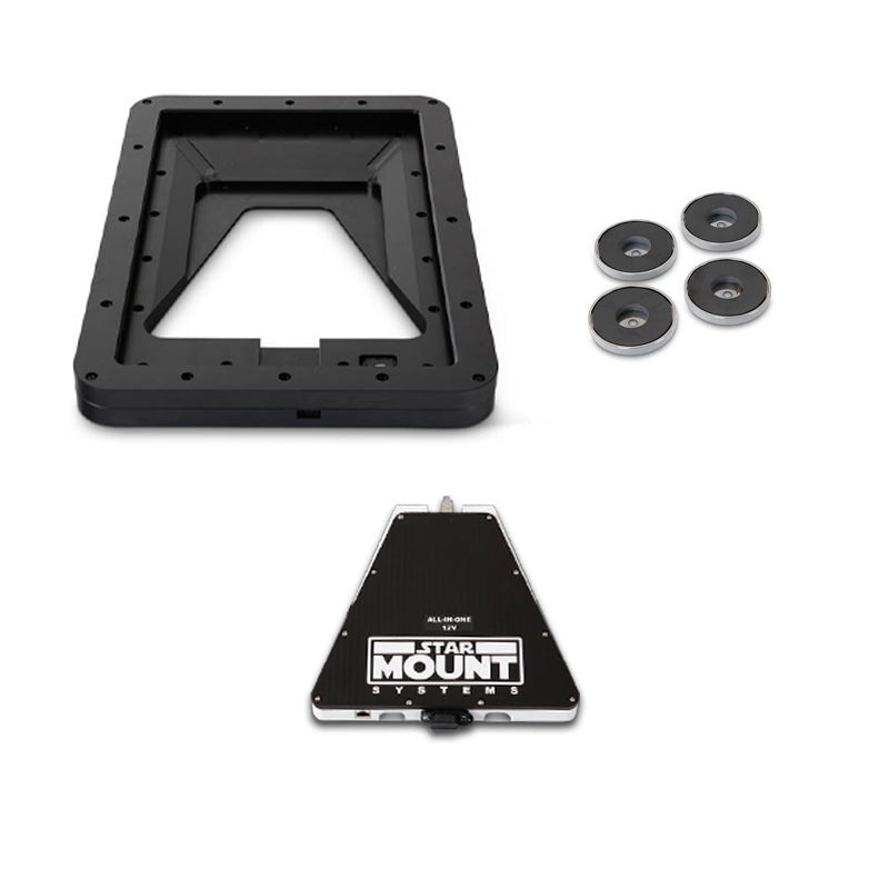 Star Mount Voyager Bundle for Gen 3 Starlink with 12V conversion, black mount system, includes power adapter and mounting accessories.